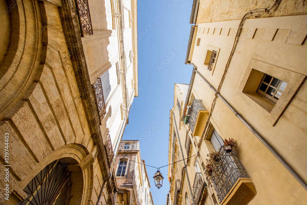 Street view at the old town of Montpellier city in Occitanie region of France