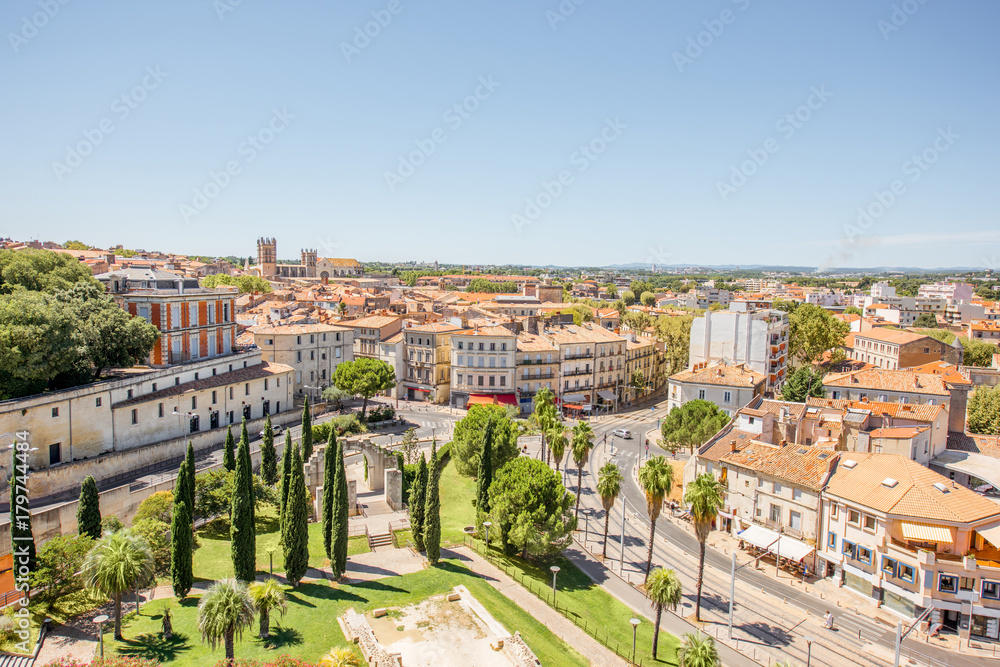 Aerial cityscape view on the old town of Montpellier city during the sunny weather in Occitanie region of France