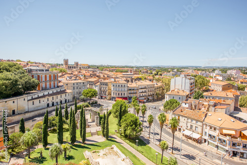 Aerial cityscape view on the old town of Montpellier city during the sunny weather in Occitanie region of France