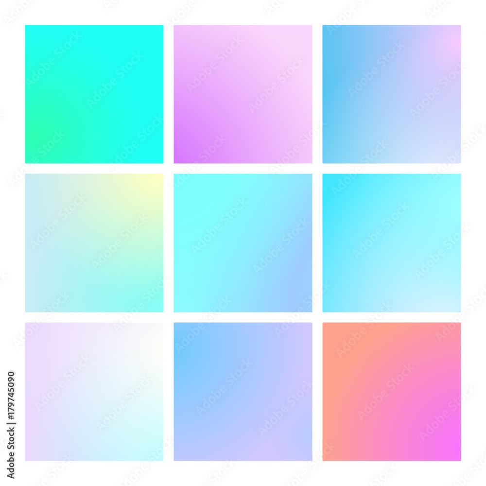 Modern gradient set with square abstract backgrounds. Colorful fluid cover for poster, banner, flyer and presentation. Trendy soft color. Template with modern gradient set for screens and mobile app