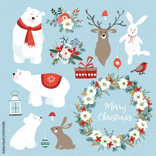 Set of cute Christmas clip-arts with bunnies, reindeer, polar bears, winter flowers, Christmas wreath and balls. Scandinavian design. Isolated hand drawn vector objects.