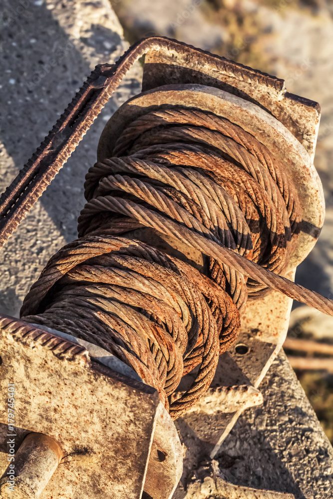 Old Corroded Winch With Rusty Steel Cable Tangled Coil Detail Stock