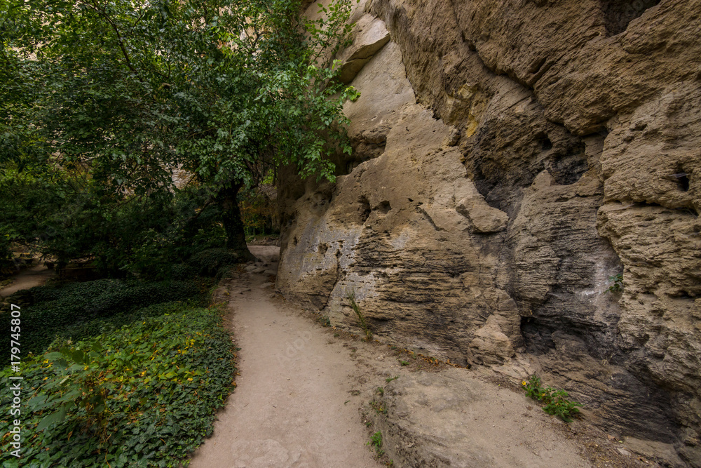 Forest, steep cliffs and a trail along the rocks. Forest, steep cliffs and a trail along the rocks.