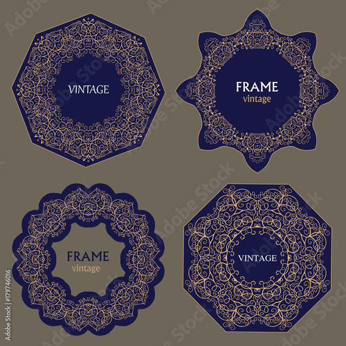 Vector set of design elements labels, icon, logo, frame, luxury packaging for the product. A set of linear antique frames. Greeting cards.