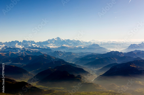 Panorama of snow mountain range landscape with blue sky from pilatus peaks alps lucern switzerland 