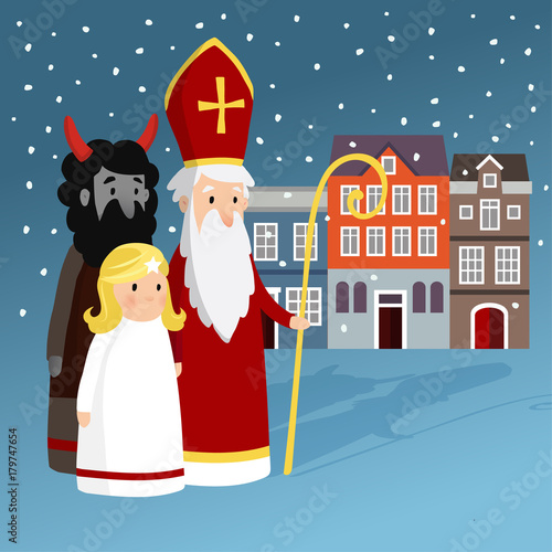 Cute Saint Nicholas with angel, devil, old town houses and falling snow. Christmas invitation card, vector illustration, winter background