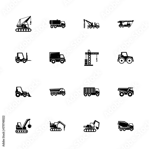 Construction Vehicles - Expand to any size - Change to any colour. Flat Vector Icons - Black Illustration on White Background.