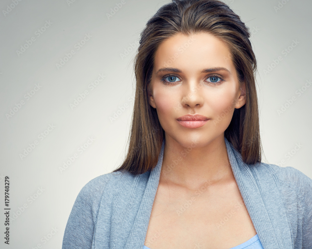 Beauty style portrait of young woman close up face with long hair. Beauty style portrait of young woman close up face with long hair.