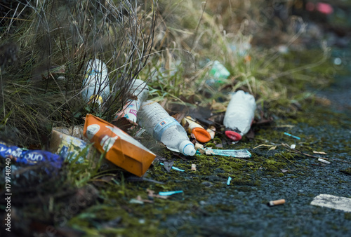 london, engalnd, 05/05/2017, Street litter fly tipping on the streets. Food waste and non recyclable food and product waste packaging discarded in urban areas. photo