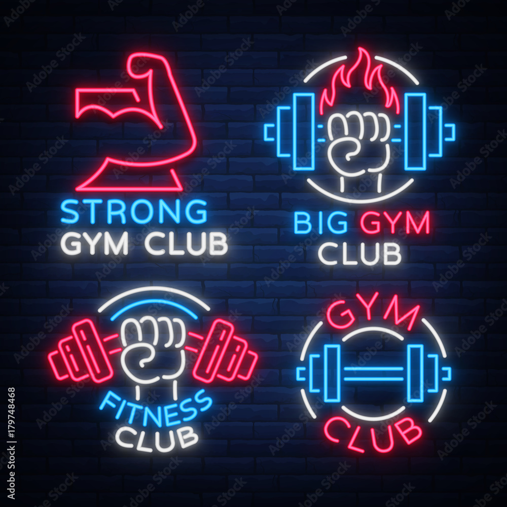 Fototapeta premium Set of logo signs on fitness theme, bodybuilding in neon style isolated, vector illustration. Glowing banner, a bright neon sign, a night advertisement of a fitness club, a sports hall, a sports club