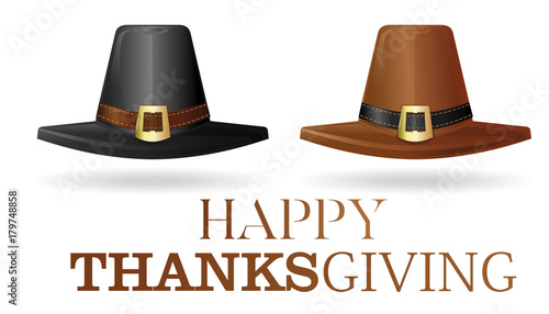 Pilgrims hat set. Black and brown pilgrim hat. Collection hats of the first settlers. Happy Thanksgiving. Vector illustration isolated on white background