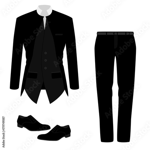 Wedding men's suit with shoes, tuxedo. 