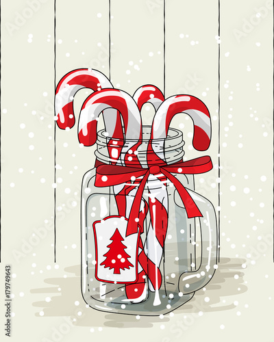 Christmas theme, candy canes in glass jar with red ribbon , illustration