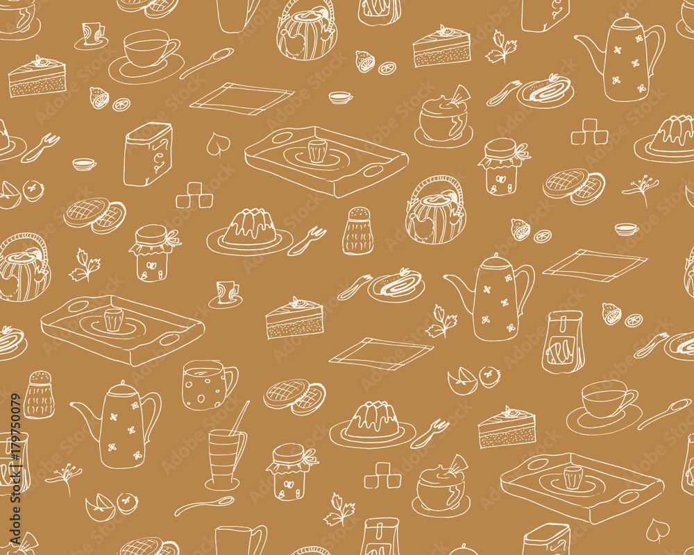 Hand-drawn vector wallpaper of breakfast ingredients and snacks, isolated on a brown background - doodle seamless