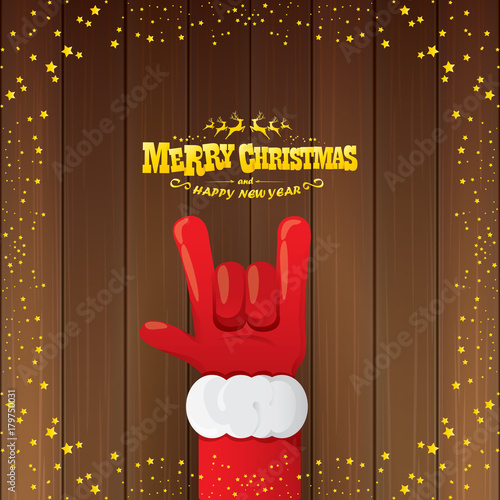vector cartoon Santa Claus rock n roll style with golden calligraphic greeting text on wooden background with christmas star lights.