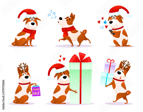 Christmas funny cartoon dog emoticons set. Xmas flat puppy emoji collection. Happy terrier wearing deer horns and Santa hat isolated on white background. Christmas or New Year 2018 vector illustration © julkirio