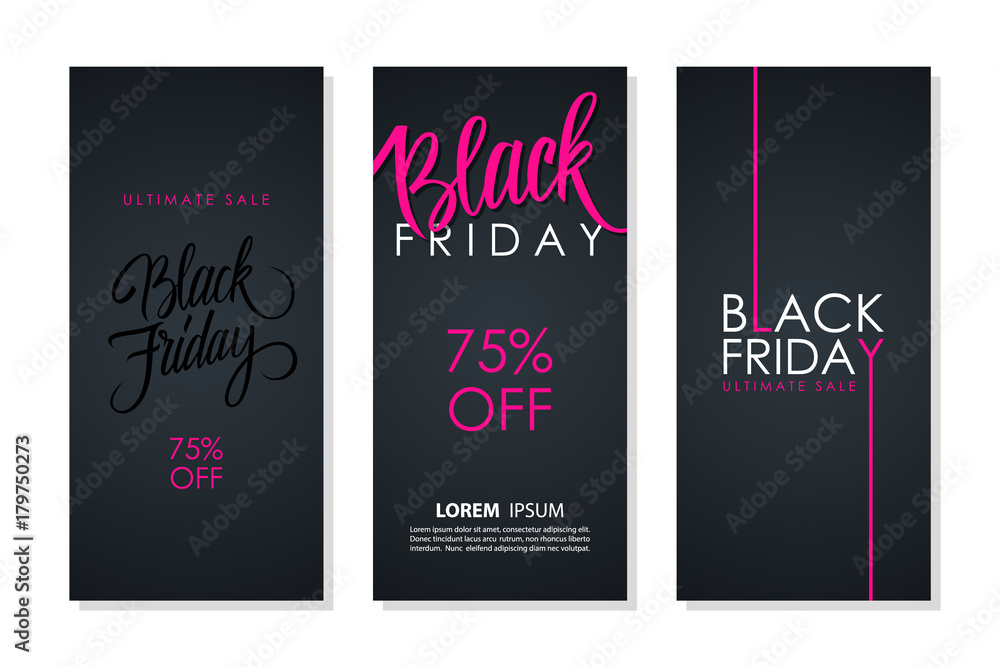 Black Friday Sale flyers collection for business, commerce, promotion and advertising. Discount 75% off. Vector illustration.