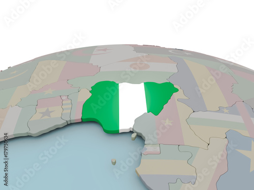 Political map of Nigeria on globe with flag