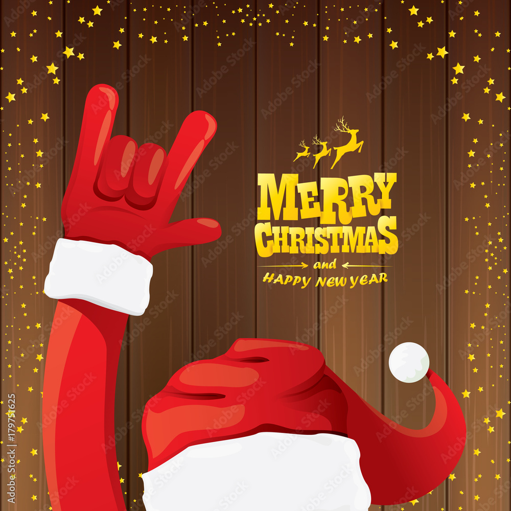vector cartoon Santa Claus rock n roll style with golden calligraphic  greeting text on wooden background with christmas star lights. vector de  Stock | Adobe Stock