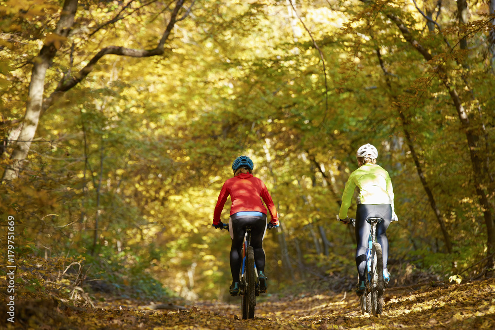 Outdoor sport. Rear view full length shot of two female cyclists riding a trail. Outdoor sport. Rear view full length shot of two female cyclists riding a trail.