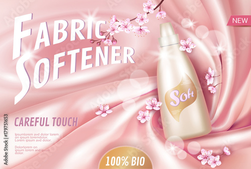 Sakura flower fabric softener promotional poster template. Pink petal blossom japanese branch aroma. Golden pink package realistic 3d silk soft satin background vector illustration