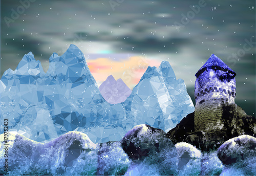 Winter mountain landscape with falling snow and castle. Blue, white and gray frozen panoramic landscape with tower and dramatic sky with clouds