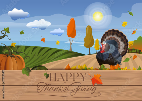 Thanksgiving background with turkey and rural landscape. Happy Thanksgiving Day card. Vector illustration