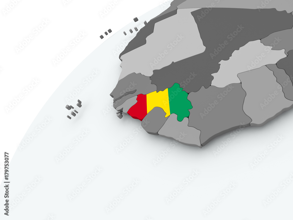 Fototapeta premium Flag of Guinea on grey globe