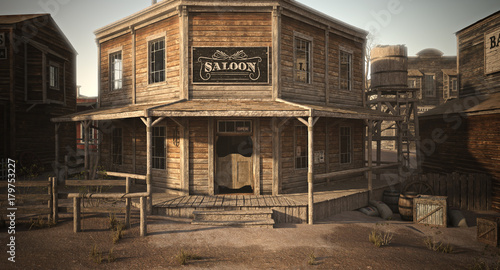 Western town saloon with various businesses . 3d rendering photo