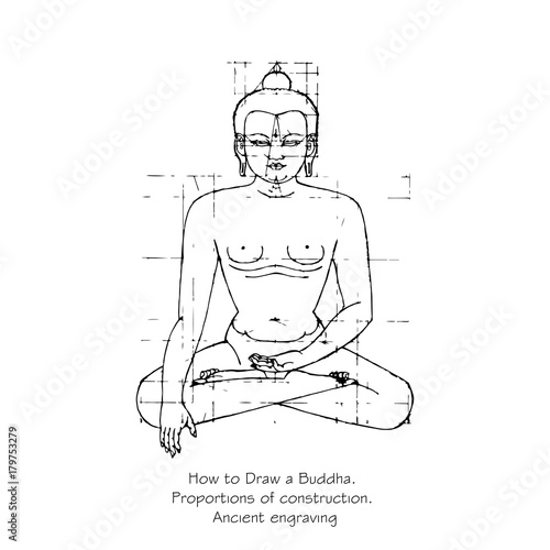 How to draw a silhouette of a Buddha. Proportions of building a statue of a seated Buddha in the lotus position. Imitation of ancient engraving. Hand drawn vector illustration