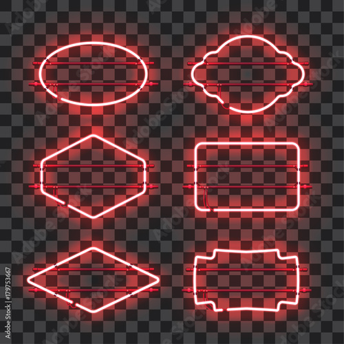 Set of realistic glowing red neon frames isolated on transparent background. Shining and glowing neon effect. Every frame is separate unit with wires, tubes and holders. Vector illustration.