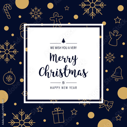 christmas icon elements golden card greeting text border frame blue background