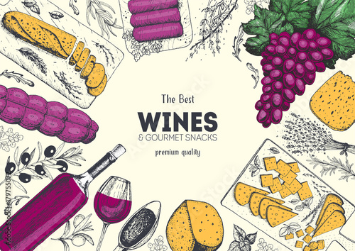 Wines and gourmet snacks frame vector illustration. Cheese, sausages, bread, grape hand drawn. Gourmet food set. Colored design template.