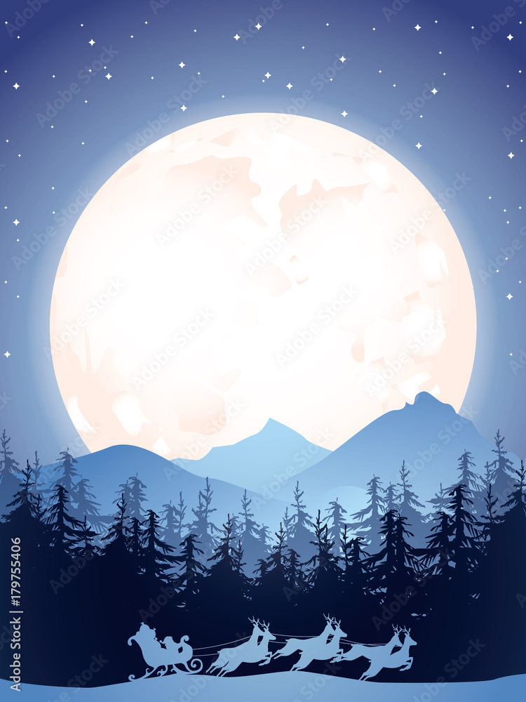 Naklejka premium Santa in night sky against background of full moon. Christmas greeting card template. Vector cartoon illustration