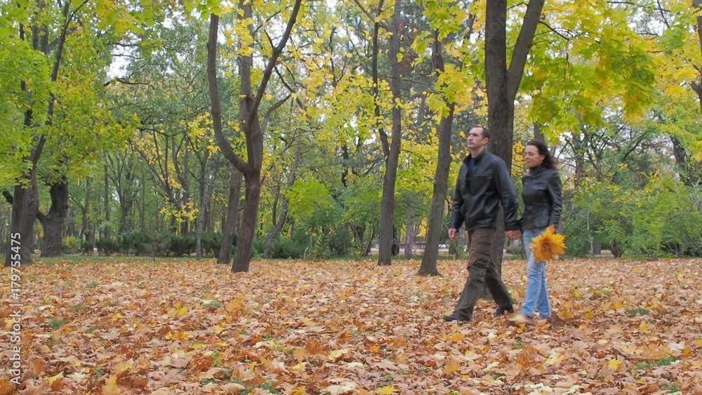 Happy family walking in autumn park. A man and a woman are walking on yellow leaves. Happy family walking in autumn park. A man and a woman are walking on yellow leaves.