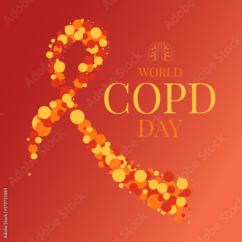 World COPD day poster with an orange ribbon made of dots and lungs symbol on red background. Chronic obstructive pulmonary disease awareness month. Medical concept. Vector illustration.