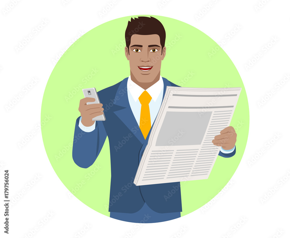 Businessman with mobile phone and newspaper Businessman with mobile phone and newspaper