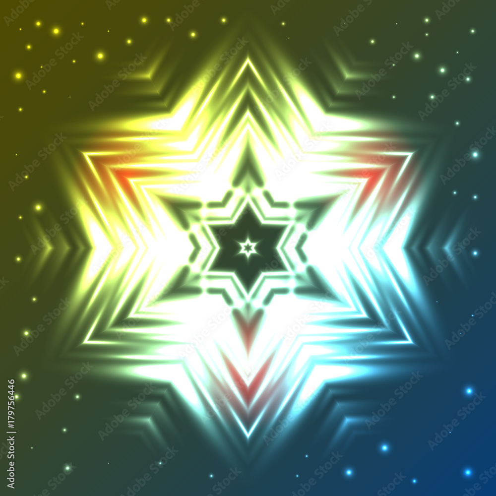 Glowing star on dark blue and green gradient background with sparkles Glowing star on dark blue and green gradient background with sparkles
