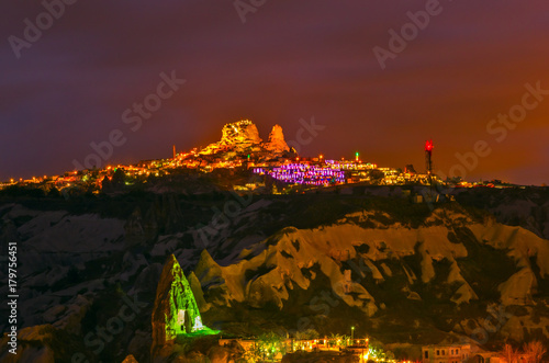 night Ancient town and a castle of Uchisar, landscape Cappadocia Turkey
