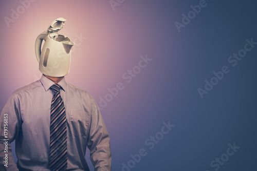 A man who has a  kettle instead of a head. Concept. Comic