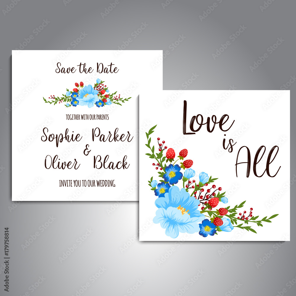 Obraz premium Greeting card with flowers, watercolor, can be used as invitation card for wedding, birthday and other holiday and summer background. Vector illustration. 
