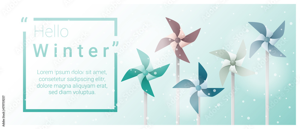 Hello winter background with colorful pinwheels , vector , illustration