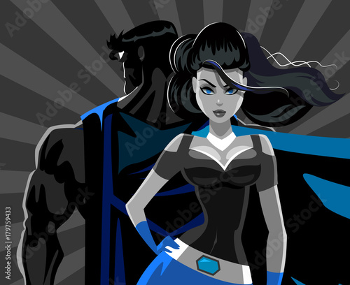 Superhero Couple: Male and female superheroes on a skyscraper roof with night city background