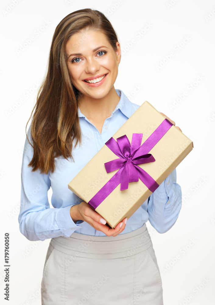 Young smiling business woman holding gift box. Young smiling business woman holding gift box.