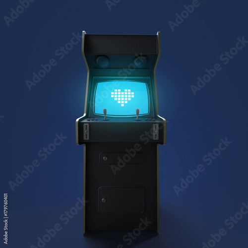 vintage arcade game machine cabinet with pixel heart icon colorful controllers and screen isolated.