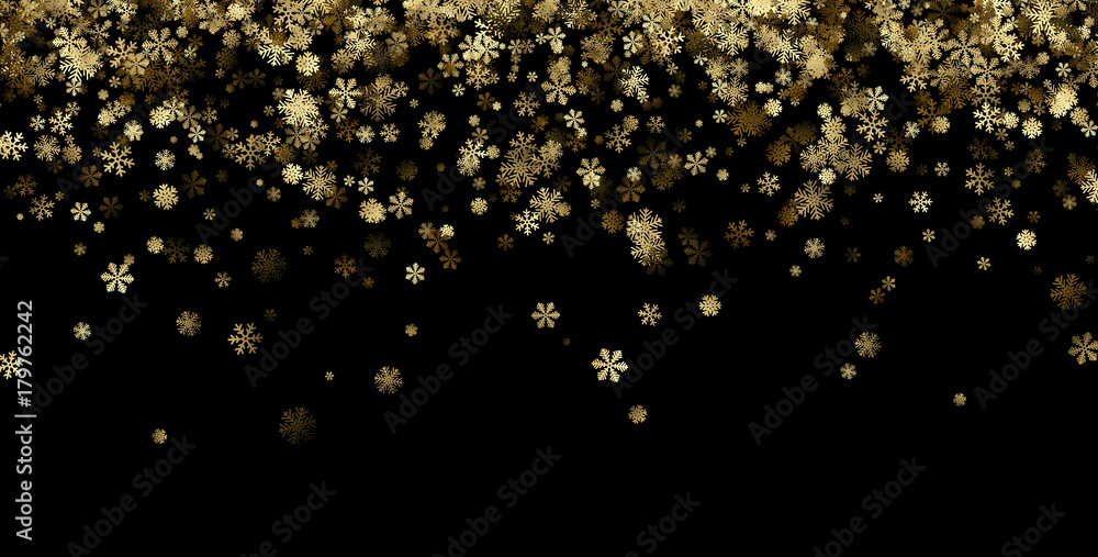 Black winter background with golden snowflakes.