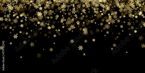 Black winter background with golden snowflakes.