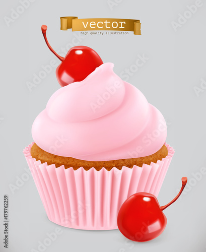 Cupcake with cherry. 3d realistic vector icon