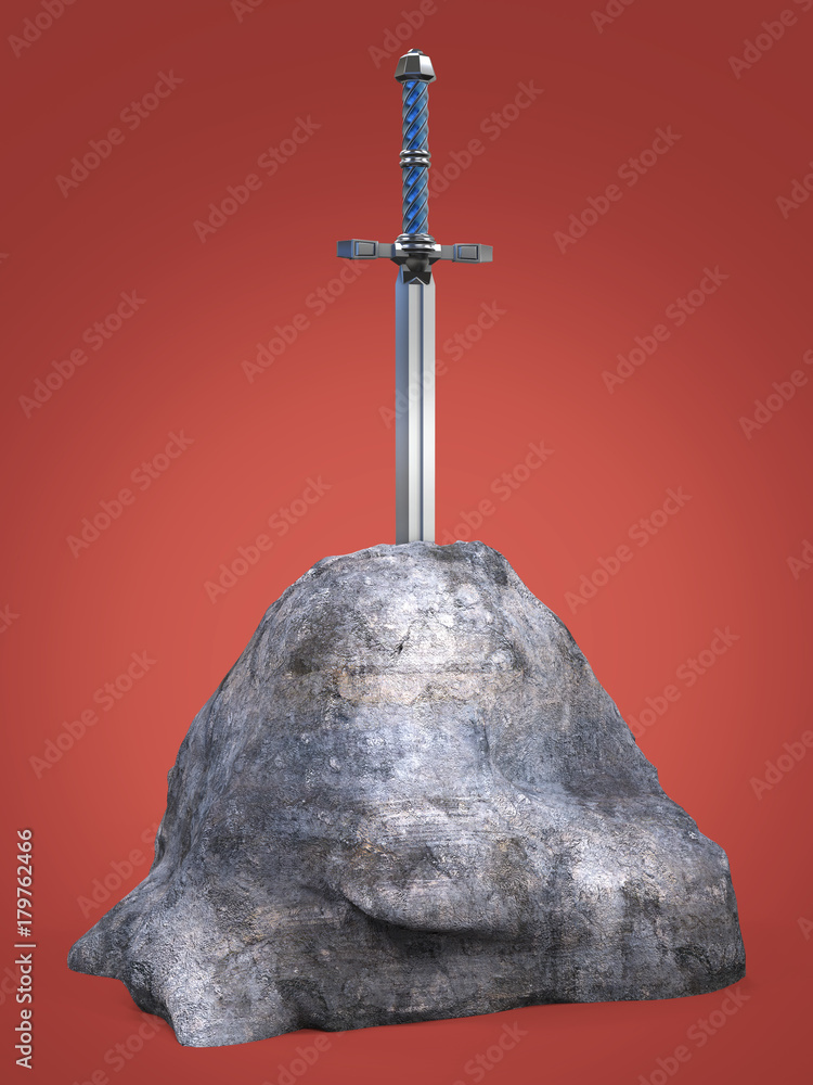 sword excalibur King Arthur stuck in the rock stone isolated render ...