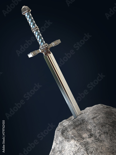 sword excalibur  King Arthur stuck in the rock stone isolated render. metaphor of candidate applicant test photo